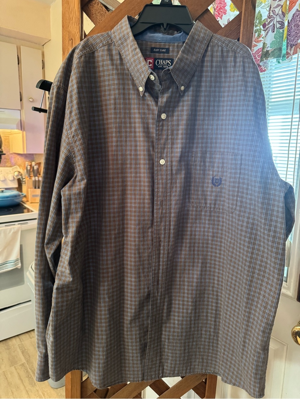 Chaps Brown Plaid Button-Down Shirt with Subtle Blue Accent